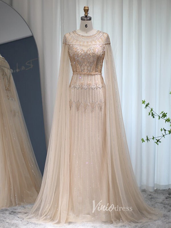 Beaded Cape Sleeve Evening Gowns Mother of the Bride Dresses 20063-Evening Dresses 2025 -Viniodress-Champagne-US 2-