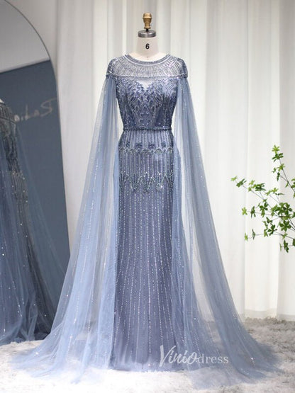Beaded Cape Sleeve Evening Gowns Mother of the Bride Dresses 20063-Evening Dresses 2025 -Viniodress-Dusty Blue-US 2-