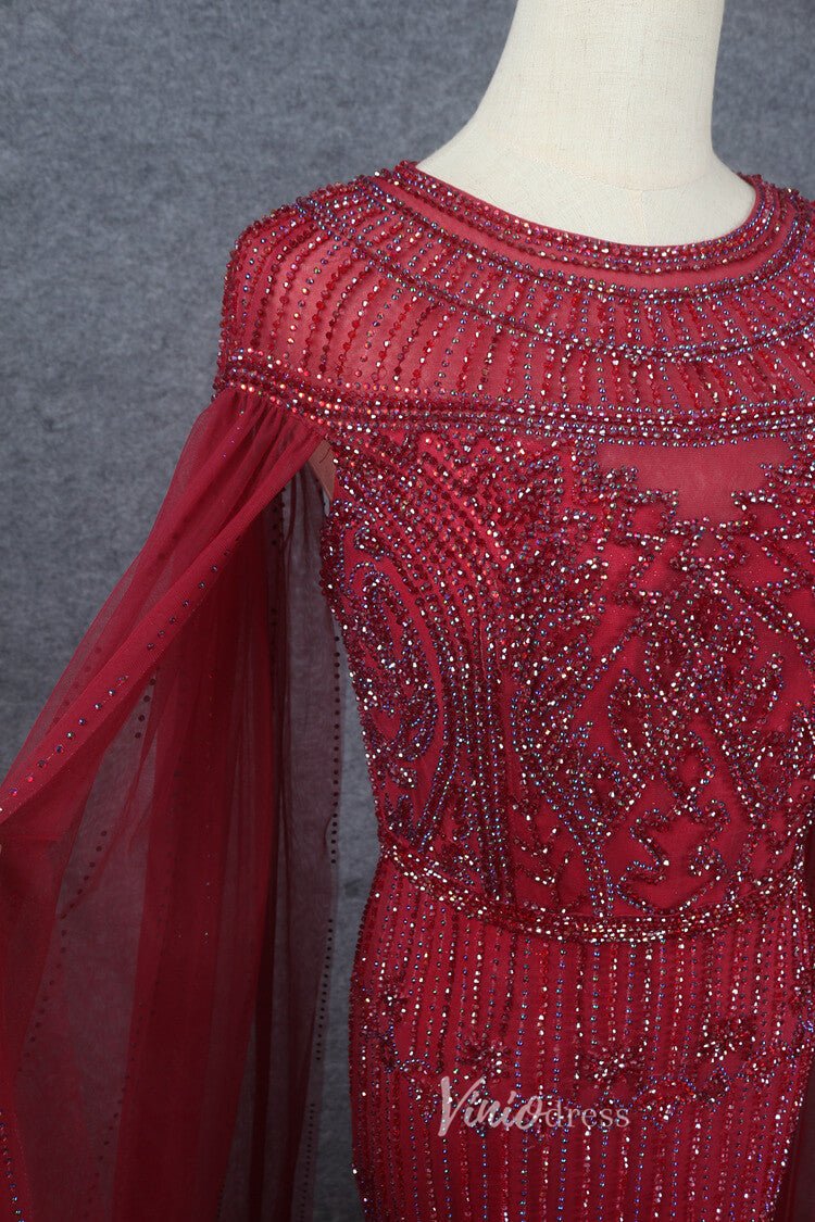 Beaded Cape Sleeve Evening Gowns Mother of the Bride Dresses 20063-Evening Dresses 2025 -Viniodress-Emerald Green-US 2-