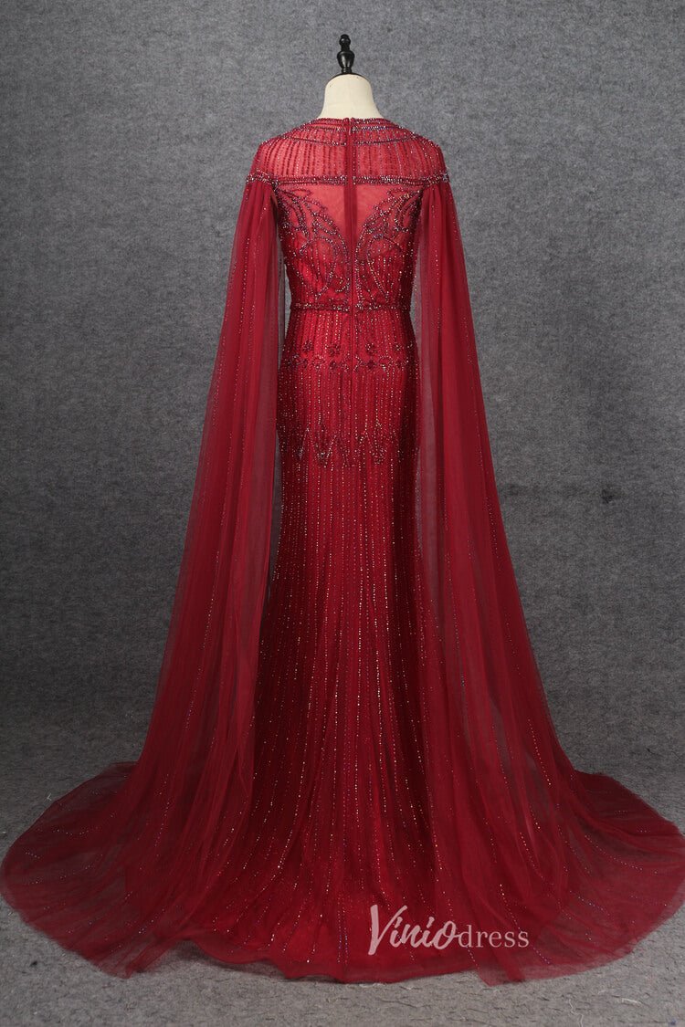 Beaded Cape Sleeve Evening Gowns Mother of the Bride Dresses 20063-Evening Dresses 2025 -Viniodress-Emerald Green-US 2-