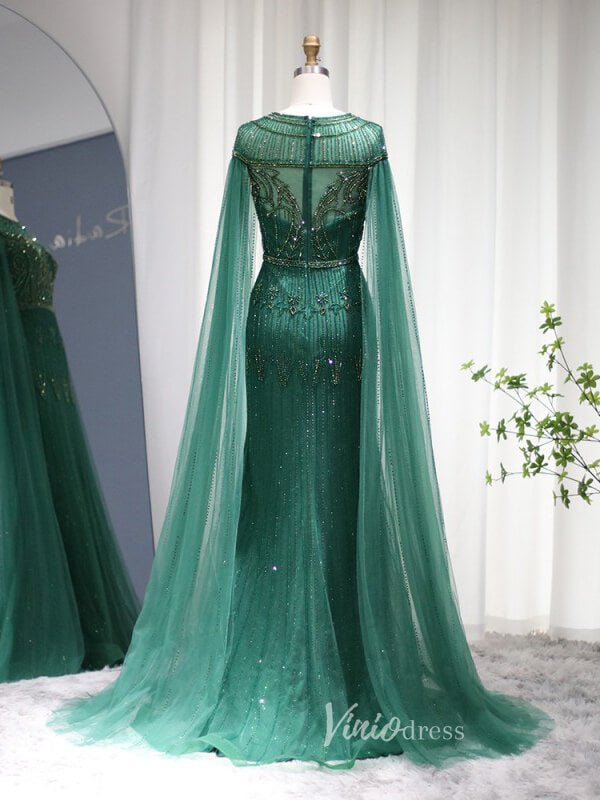 Beaded Cape Sleeve Evening Gowns Mother of the Bride Dresses 20063-Evening Dresses 2025 -Viniodress-Emerald Green-US 2-