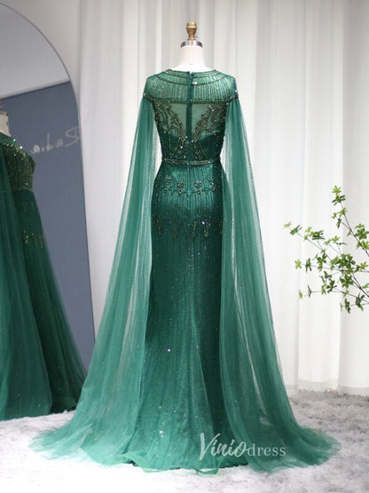Beaded Cape Sleeve Evening Gowns Mother of the Bride Dresses 20063-Evening Dresses 2025 -Viniodress-Emerald Green-US 2-