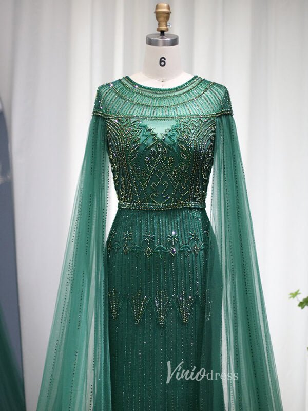 Beaded Cape Sleeve Evening Gowns Mother of the Bride Dresses 20063-Evening Dresses 2025 -Viniodress-Emerald Green-US 2-