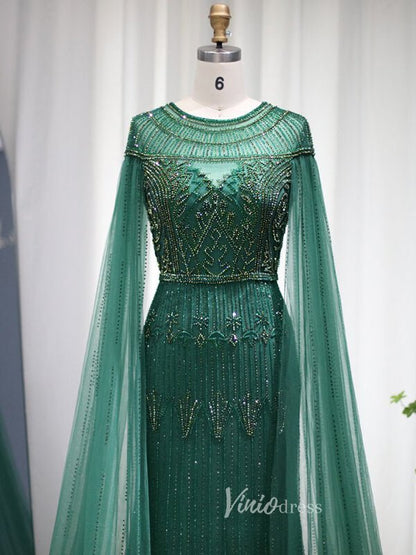 Beaded Cape Sleeve Evening Gowns Mother of the Bride Dresses 20063-Evening Dresses 2025 -Viniodress-Emerald Green-US 2-