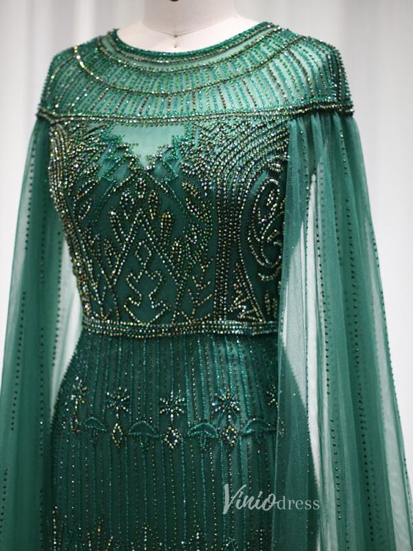 Beaded Cape Sleeve Evening Gowns Mother of the Bride Dresses 20063-Evening Dresses 2025 -Viniodress-Emerald Green-US 2-