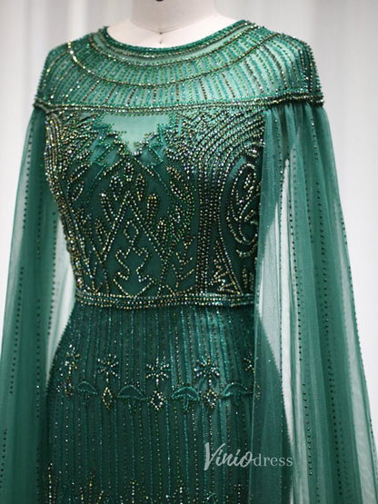 Beaded Cape Sleeve Evening Gowns Mother of the Bride Dresses 20063-Evening Dresses 2025 -Viniodress-Emerald Green-US 2-