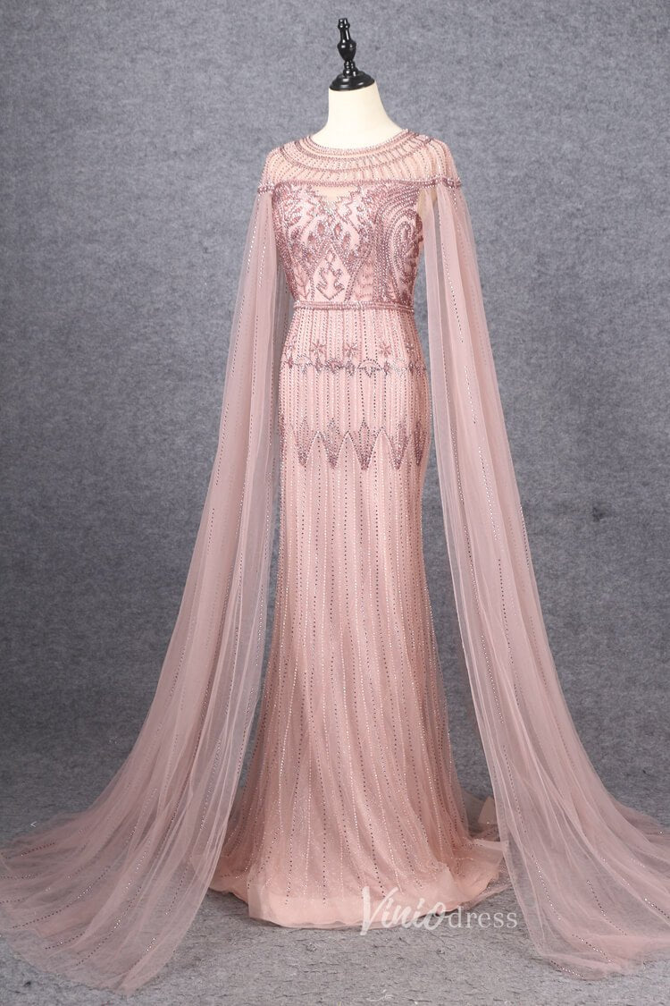 Beaded Cape Sleeve Evening Gowns Mother of the Bride Dresses 20063-Evening Dresses 2025 -Viniodress-Emerald Green-US 2-