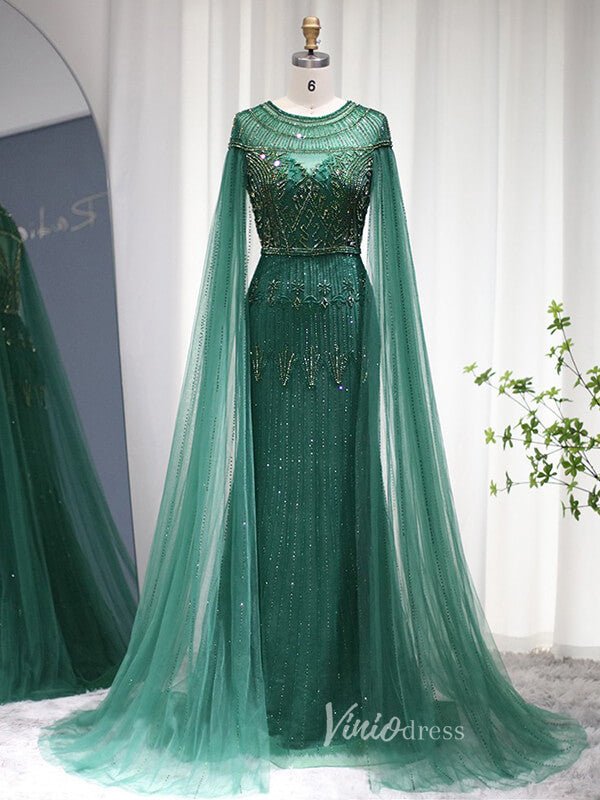 Beaded Cape Sleeve Evening Gowns Mother of the Bride Dresses 20063-Evening Dresses 2025 -Viniodress-Emerald Green-US 2-