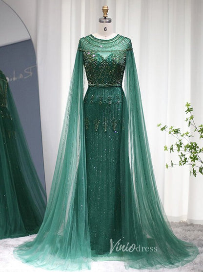 Beaded Cape Sleeve Evening Gowns Mother of the Bride Dresses 20063-Evening Dresses 2025 -Viniodress-Emerald Green-US 2-