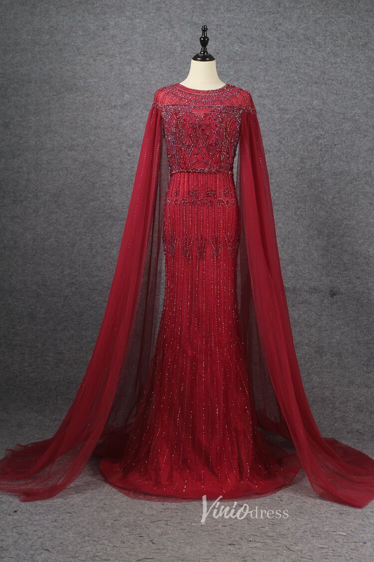 Beaded Cape Sleeve Evening Gowns Mother of the Bride Dresses 20063-Evening Dresses 2025 -Viniodress-Red-US 2-