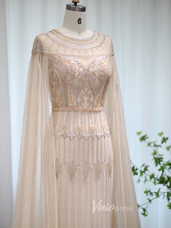 Beaded Cape Sleeve Evening Gowns Mother of the Bride Dresses 20063-Evening Dresses 2025 -Viniodress-Emerald Green-US 2-