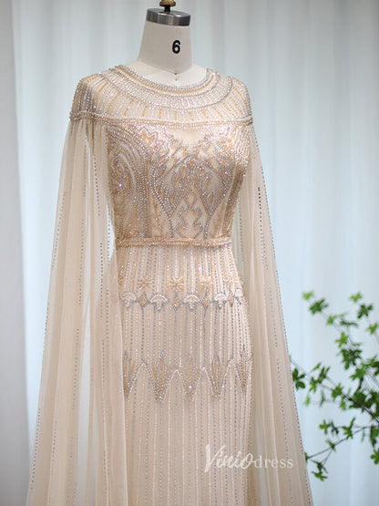 Beaded Cape Sleeve Evening Gowns Mother of the Bride Dresses 20063-Evening Dresses 2025 -Viniodress-Emerald Green-US 2-