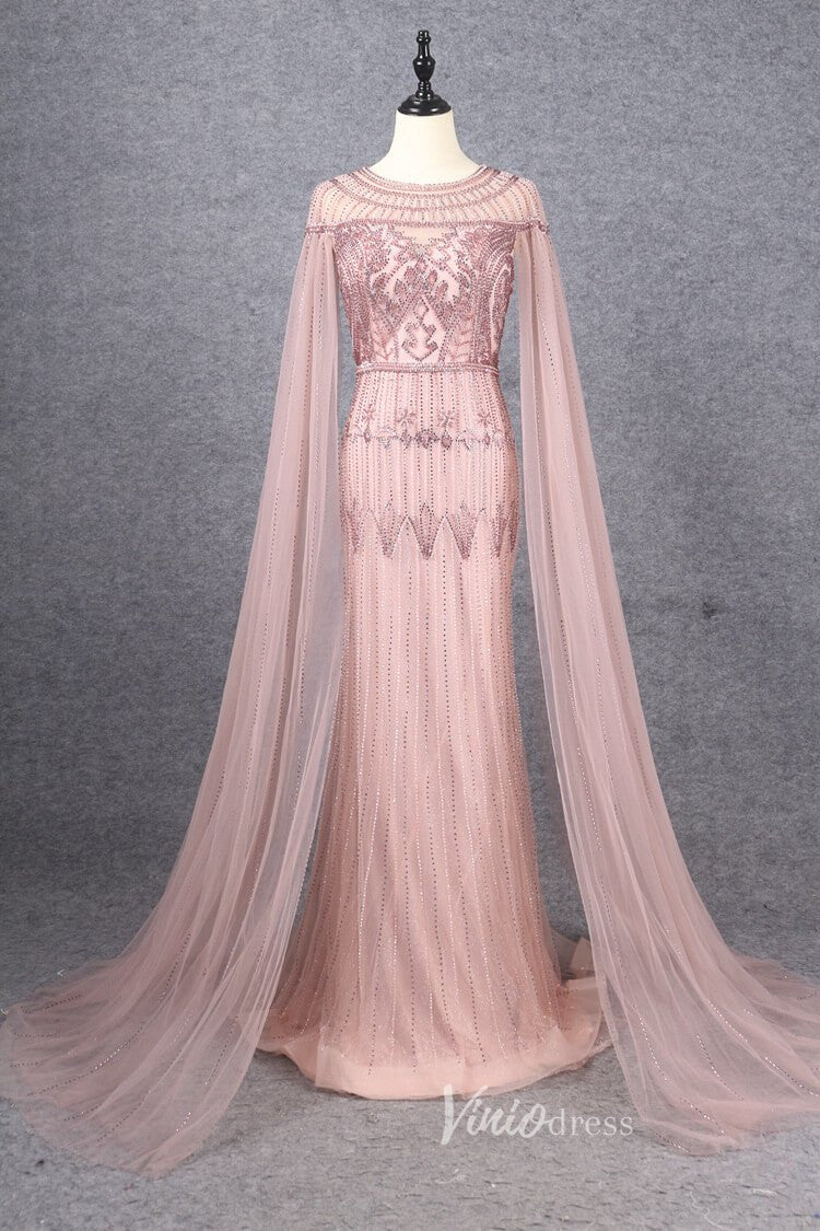 Beaded Cape Sleeve Evening Gowns Mother of the Bride Dresses 20063-Evening Dresses 2025 -Viniodress-Pink-US 2-