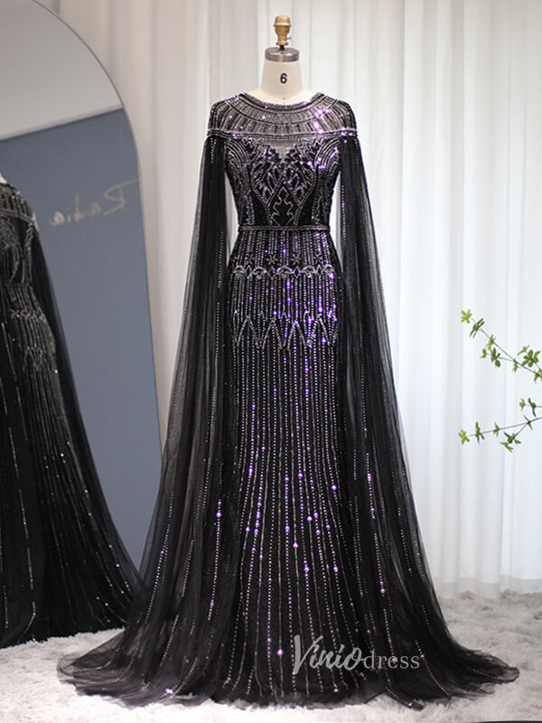 Prom Dress 2025 Beaded Cape Sleeve Evening Gowns Mother of the Bride Dresses 20063-unique prom dresses-Black-US 2-Viniodress