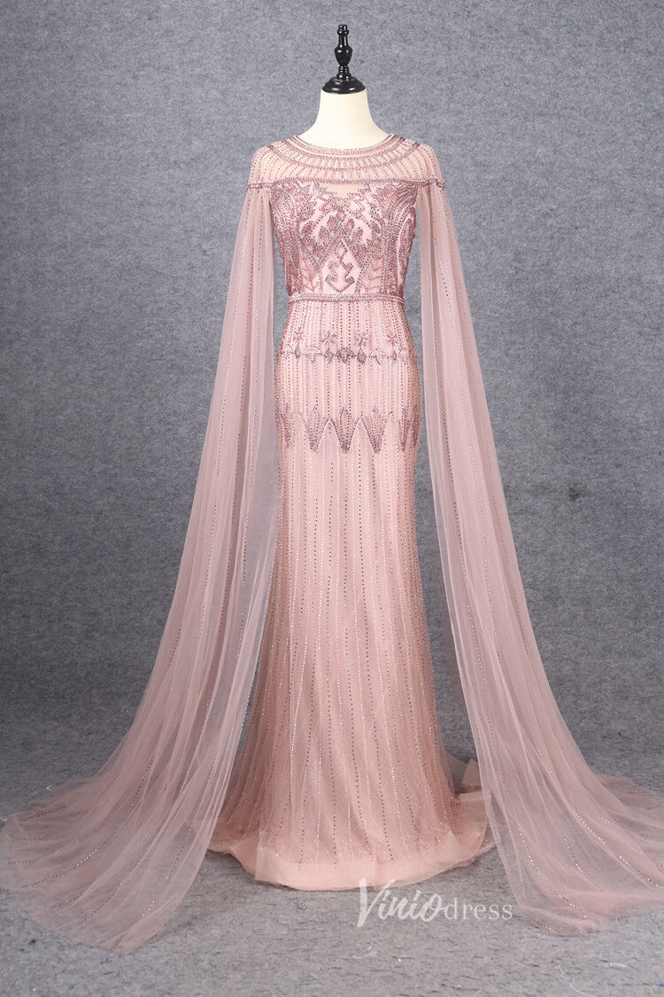 Prom Dress 2025 Beaded Cape Sleeve Evening Gowns Mother of the Bride Dresses 20063-unique prom dresses-Pink-US 2-Viniodress