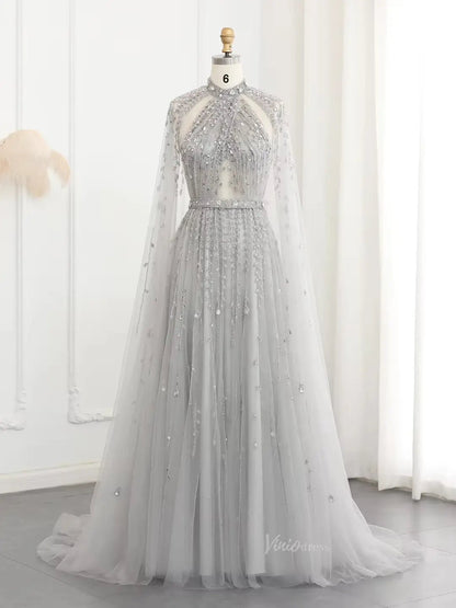 Beaded Cape Sleeve Prom Dresses High Neck Wedding Guest Dress AD1162-Evening Dresses 2025 -Viniodress-Grey-US 2-