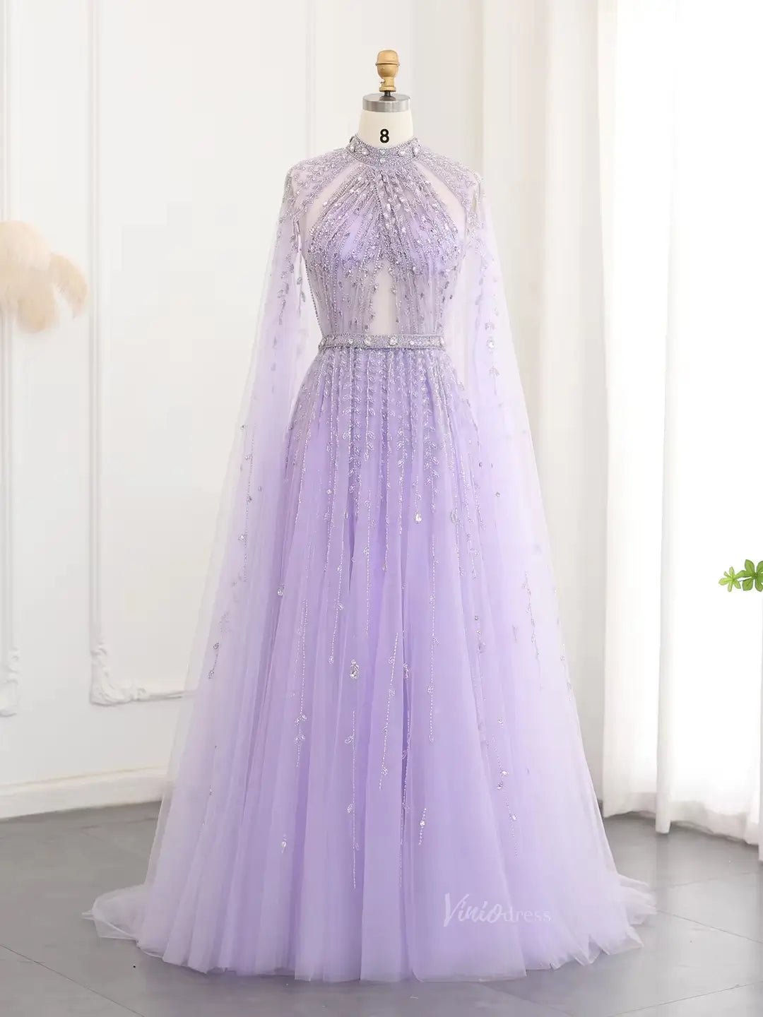 Beaded Cape Sleeve Prom Dresses High Neck Wedding Guest Dress AD1162-Evening Dresses 2025 -Viniodress-Lilac-US 2-