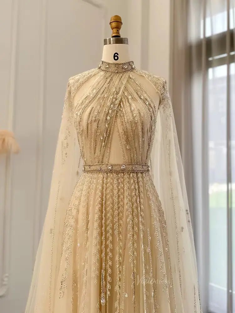 beaded wedding guest dress Beaded Cape Sleeve Prom Dresses High Neck Wedding Guest Dress AD1162 – Viniodress