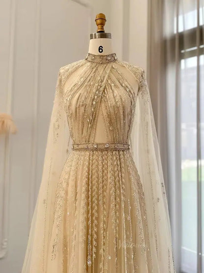 Beaded Cape Sleeve Prom Dresses High Neck Wedding Guest Dress AD1162-Evening Dresses 2025 -Viniodress-Peach-US 2-
