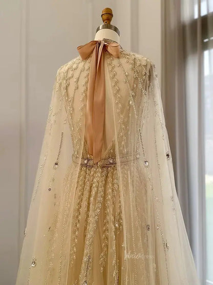 Beaded Cape Sleeve Prom Dresses High Neck Wedding Guest Dress AD1162-Evening Dresses 2025 -Viniodress-Peach-US 2-
