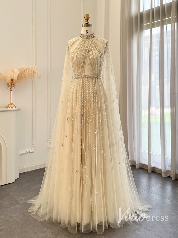 Beaded Cape Sleeve Prom Dresses High Neck Wedding Guest Dress AD1162 - ViniodressEvening DressesChampagneUS 2 - Formal Dresses - Ball Gowns