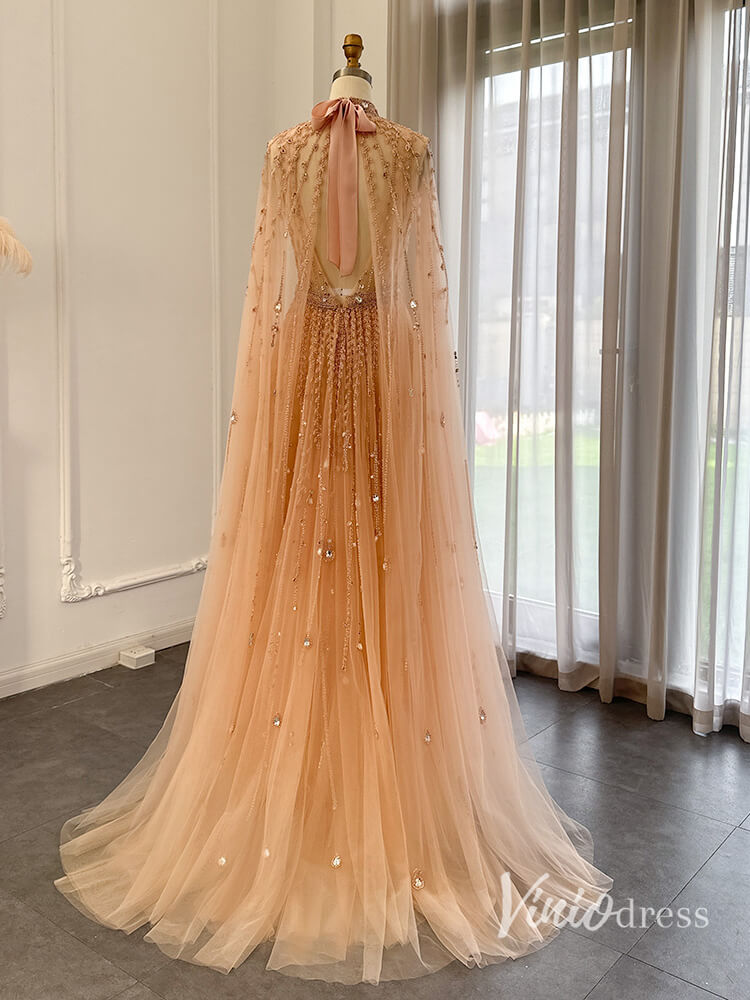 Prom Dress 2025 Beaded Cape Sleeve Evening Dresses High Neck Wedding Guest Dress AD1162-unique prom dresses-Peach-US 2-Viniodress