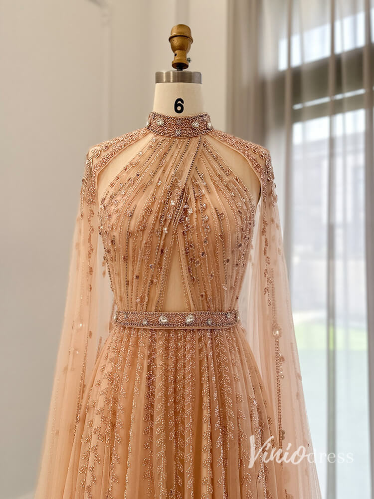 Prom Dress 2025 Beaded Cape Sleeve Evening Dresses High Neck Wedding Guest Dress AD1162-unique prom dresses-Peach-US 2-Viniodress