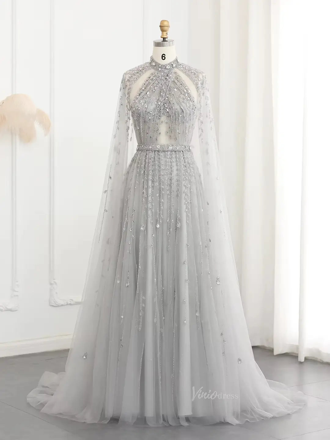 prom dresses 2025 Beaded Cape Sleeve Prom Dresses High Neck Wedding Guest Dress AD1162-plus size wedding dresses Viniodress-Grey-US 2-