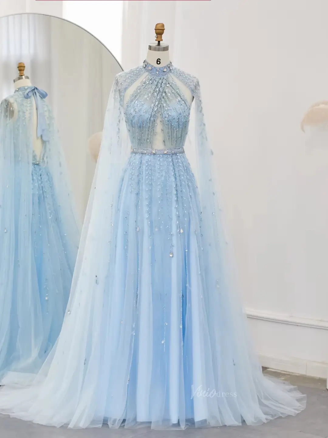 prom dresses 2025 Beaded Cape Sleeve Prom Dresses High Neck Wedding Guest Dress AD1162-plus size wedding dresses Viniodress-Light Blue-US 2-