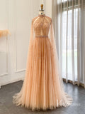 Prom Dress 2025 Beaded Cape Sleeve Evening Dresses High Neck Wedding Guest Dress AD1162-unique prom dresses-Peach-US 2-Viniodress