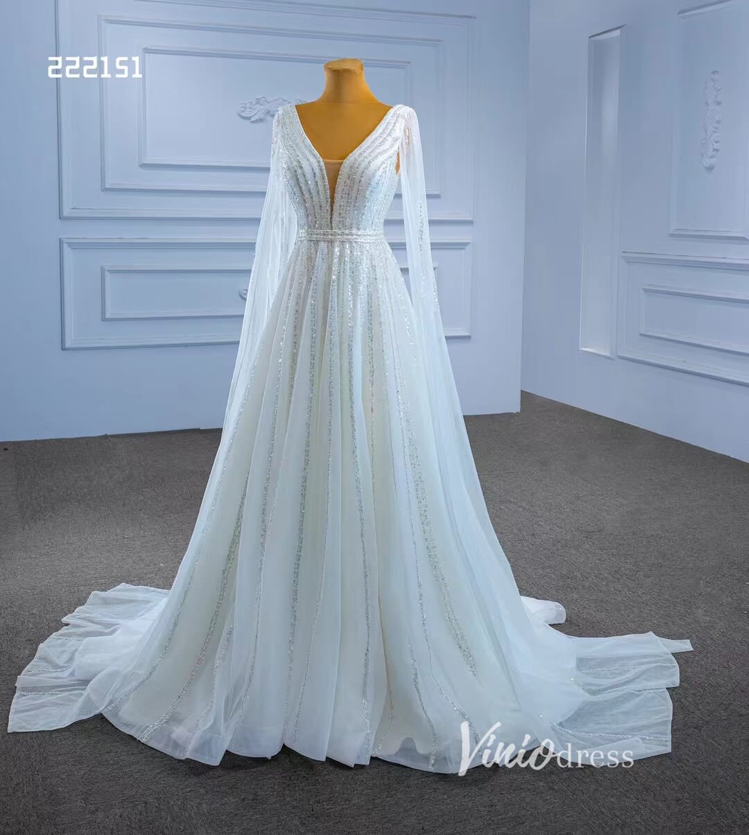 Beaded Cape Sleeve Wedding Dress V-neck Bridal Gown 222151-wedding dresses 2025 -Viniodress-Ivory-Custom Size-
