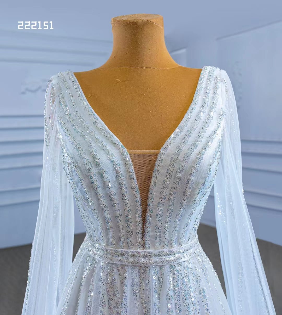 Beaded Cape Sleeve Wedding Dress V-neck Bridal Gown 222151-wedding dresses 2025 -Viniodress-Ivory-Custom Size-