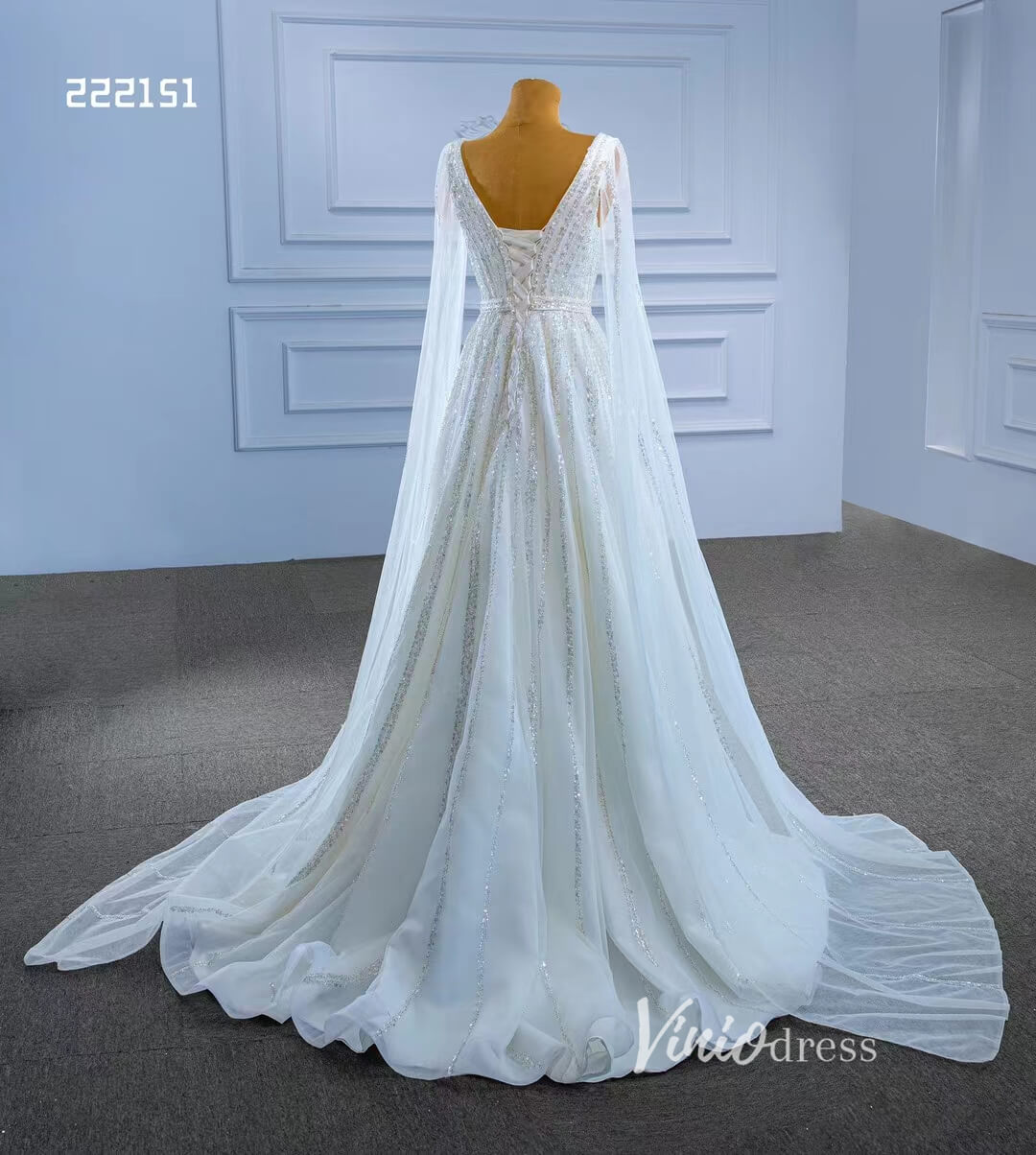 Beaded Cape Sleeve Wedding Dress V-neck Bridal Gown 222151-wedding dresses-Viniodress-Viniodress