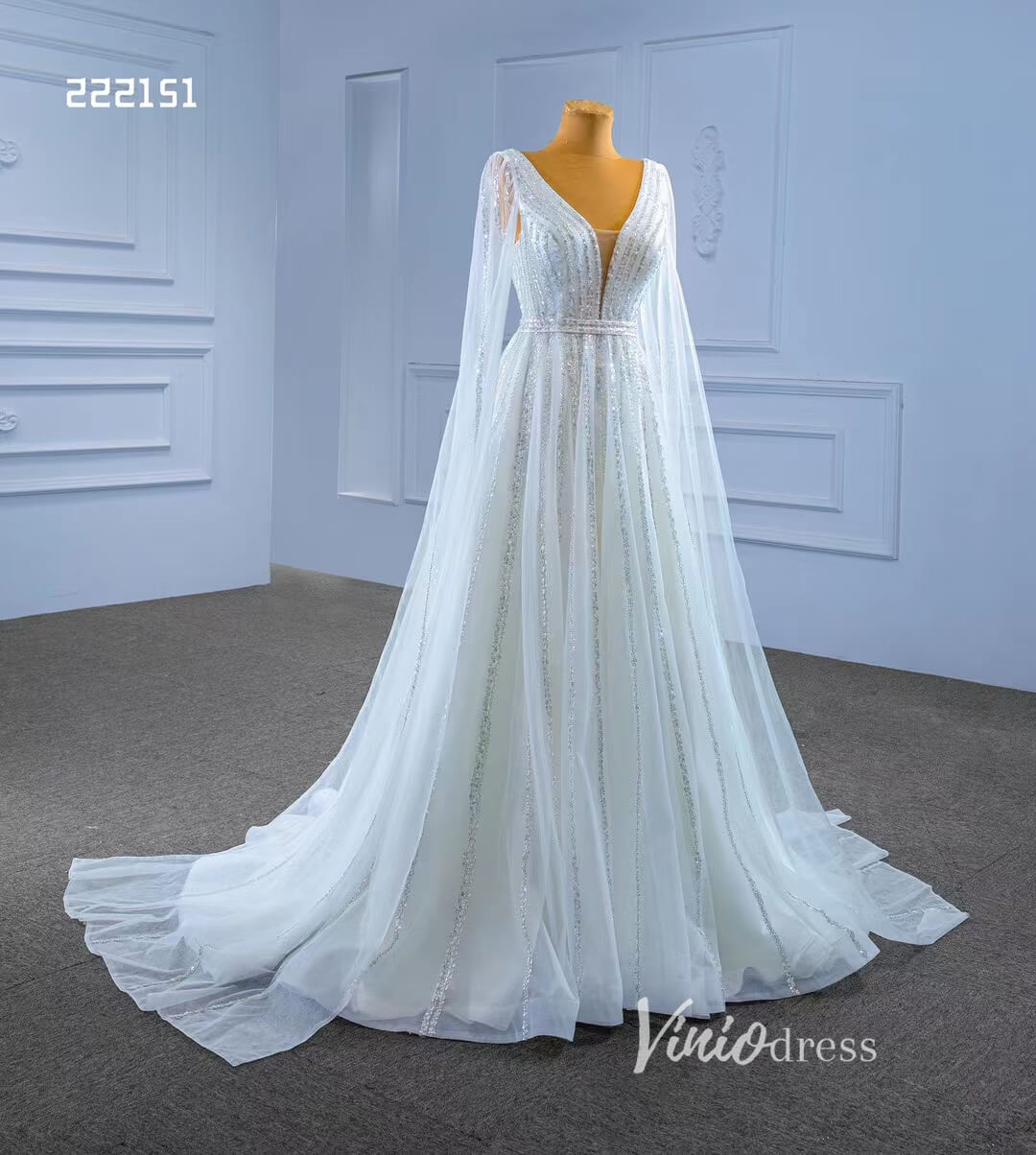 Beaded Cape Sleeve Wedding Dress V-neck Bridal Gown 222151-wedding dresses-Viniodress-Viniodress