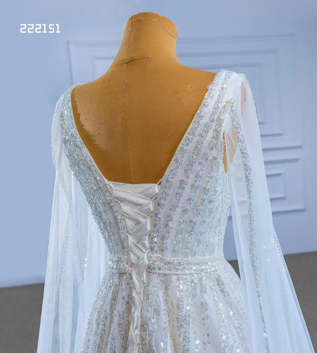 Beaded Cape Sleeve Wedding Dress V-neck Bridal Gown 222151-wedding dresses-Viniodress-Viniodress