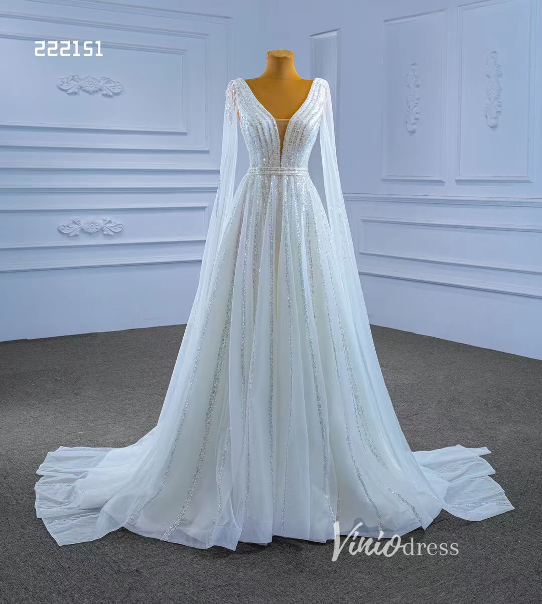 Beaded Cape Sleeve Wedding Dress V-neck Bridal Gown 222151-wedding dresses-Viniodress-Viniodress