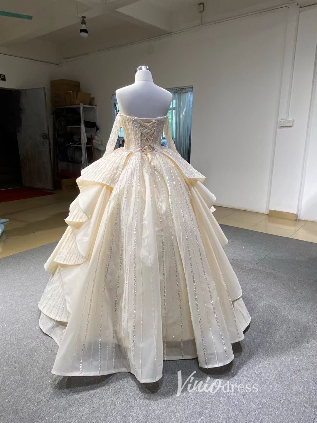 Beaded Champagne Ball Gown Wedding Dress Off Shoulder Long Sleeve 67241 Floor length-wedding dresses 2025 -Viniodress-Champagne-Custom Size-