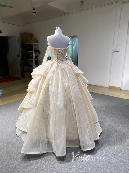 Beaded Champagne Ball Gown Wedding Dress Off Shoulder Long Sleeve 67241 Floor length-wedding dresses 2025 -Viniodress-Champagne-Custom Size-