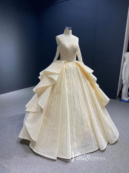 Beaded Champagne Ball Gown Wedding Dress Off Shoulder Long Sleeve 67241 Floor length-wedding dresses 2025 -Viniodress-Champagne-Custom Size-