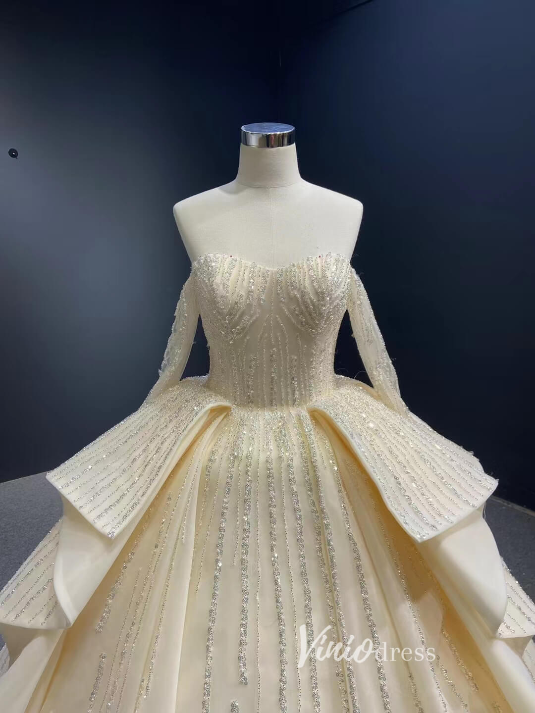 Beaded Champagne Ball Gown Wedding Dress Off Shoulder Long Sleeve 67241 Floor length-wedding dresses 2025 -Viniodress-Champagne-Custom Size-