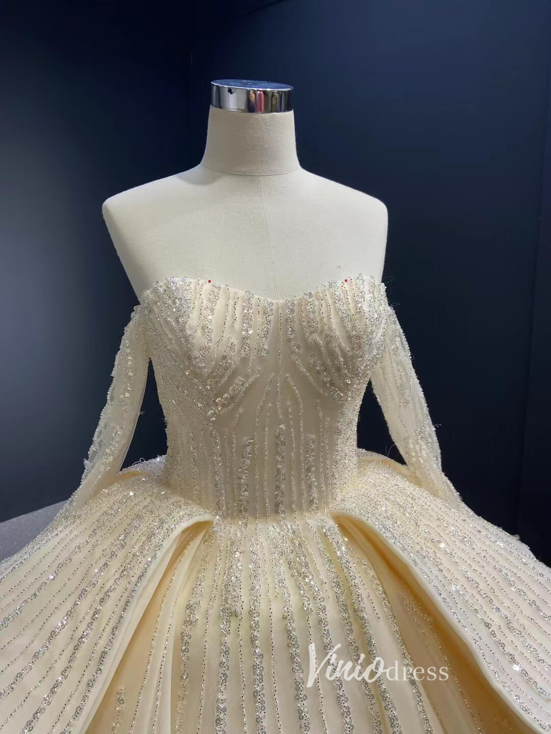Beaded Champagne Ball Gown Wedding Dress Off Shoulder Long Sleeve 67241 Floor length-wedding dresses 2025 -Viniodress-Champagne-Custom Size-