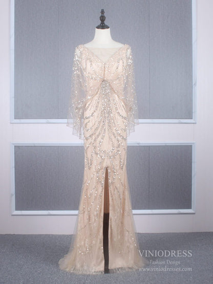 Beaded Champagne Mermaid Prom Dresses Batwing Sleeve FD2469-Evening Dresses 2025 -Viniodress-Champagne-US 2-