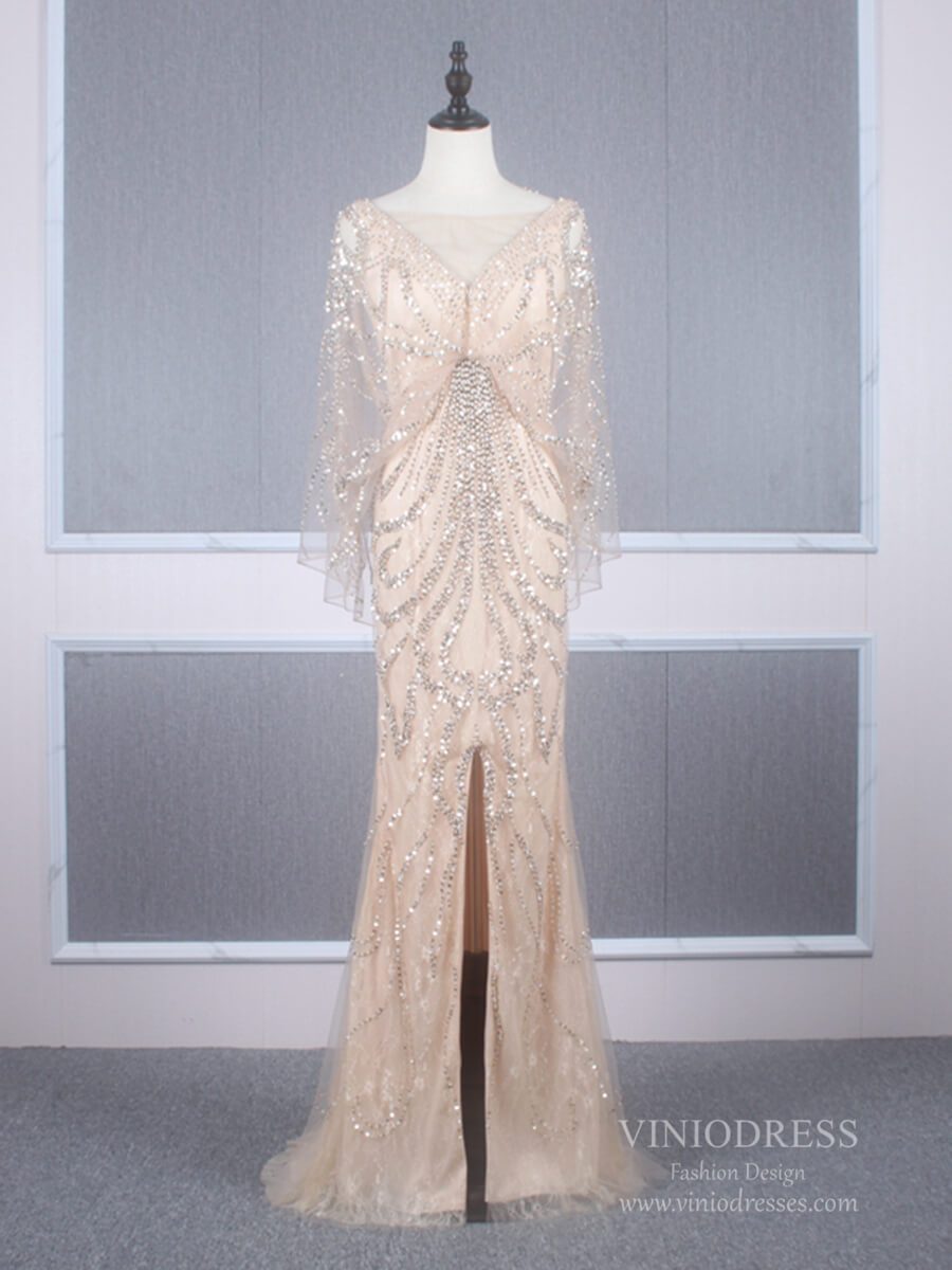 Beaded Champagne Mermaid Prom Dresses Batwing Sleeve FD2469-prom dresses-Viniodress-Champagne-US 2-Viniodress