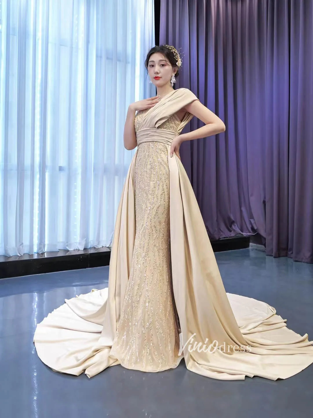 Beaded Champagne Mermaid Wedding Dress Removable Overskirt 67435 Viniodress Beaded Champagne Mermaid Wedding Dress Removable Overskirt 67435 Viniodress