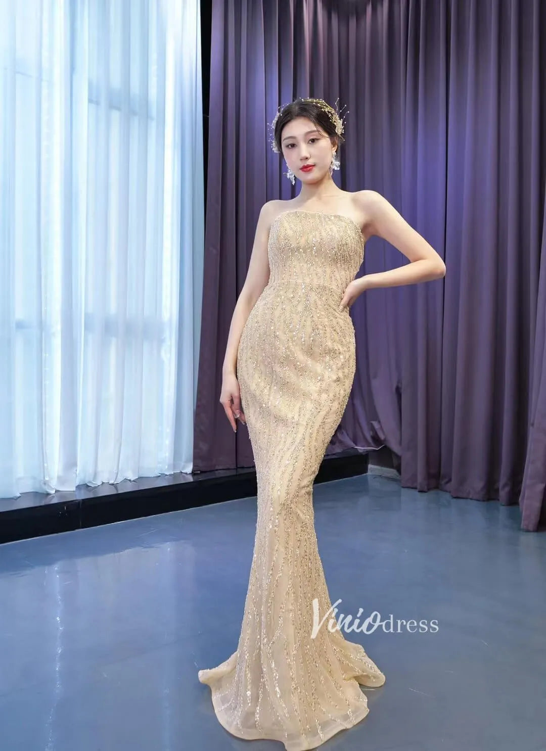 Beaded Champagne Mermaid Wedding Dress Removable Overskirt 67435-wedding dresses 2025 -Viniodress-Champagne-Custom Size-