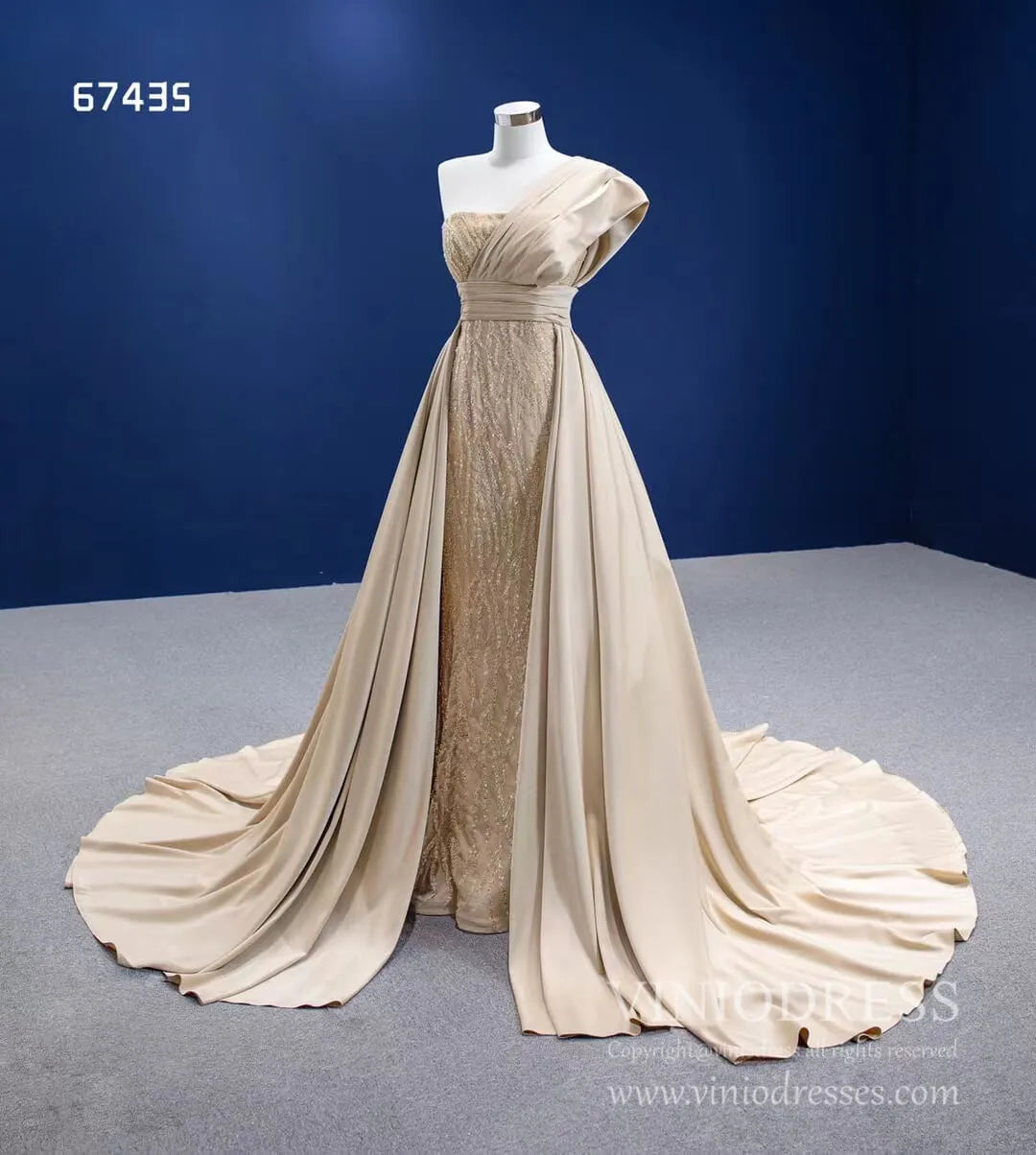 Beaded Champagne Mermaid Wedding Dress Removable Overskirt 67435-wedding dresses 2025 -Viniodress-Champagne-Custom Size-