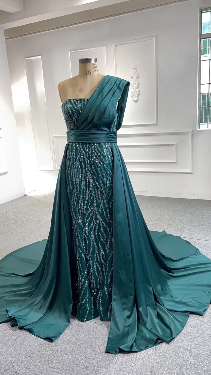 Prom Dress 2025 Beaded Champagne Mermaid Wedding Dress Removable Overskirt 67435-unique wedding dresses-Emerald Green-Custom Size-Viniodress