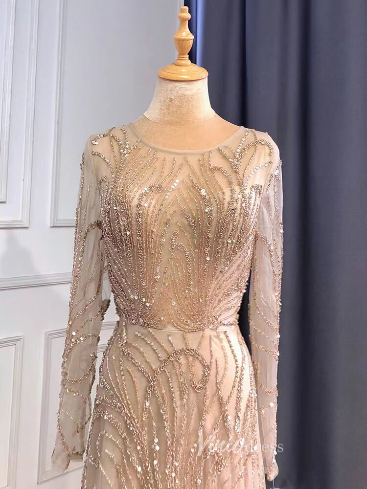 Beaded Champagne Prom Dresses Long Sleeve Evening Dress 20070 – Viniodress