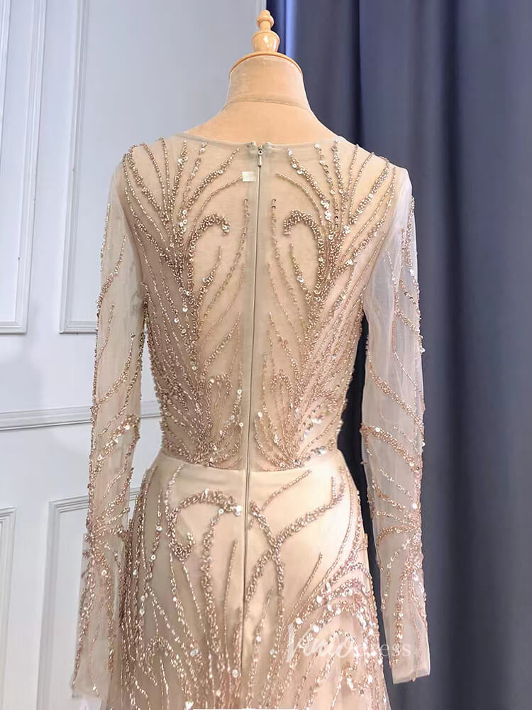 Beaded Champagne Prom Dresses Long Sleeve Evening Dress 20070-Evening Dresses 2025 -Viniodress-Taupe-US 2-