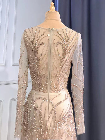 Beaded Champagne Prom Dresses Long Sleeve Evening Dress 20070-Evening Dresses 2025 -Viniodress-Taupe-US 2-